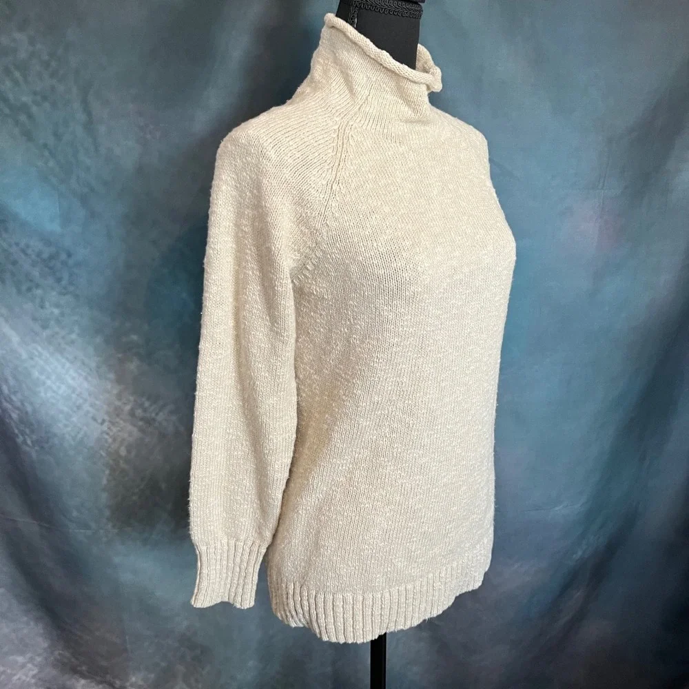 LL Bean Womens Cream Cotton Knit Rollneck Turtleneck Sweater Raglan Sleeve Small